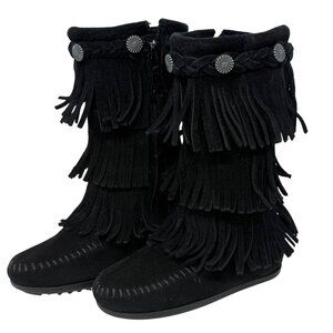 Minnetonka Girls Toddler Black Leather Suede Moccasin 3 Row Fringe Boots Size 8